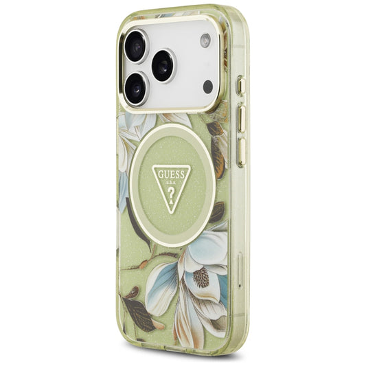 MagSafe-Hülle für Apple iPhone 18 Pro / 17 Pro, Guess, IML Metal Glitter Flowers Triangle, Grün