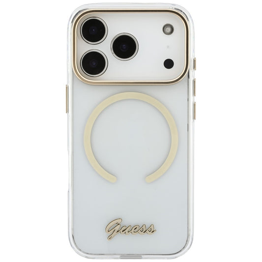 MagSafe-Hülle für Apple iPhone 18 Pro / 17 Pro, Guess, IML Script Metal, transparent