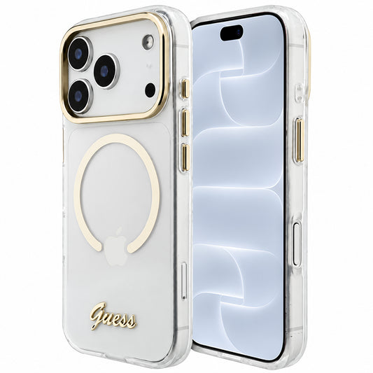 MagSafe-Hülle für Apple iPhone 18 Pro / 17 Pro, Guess, IML Script Metal, transparent