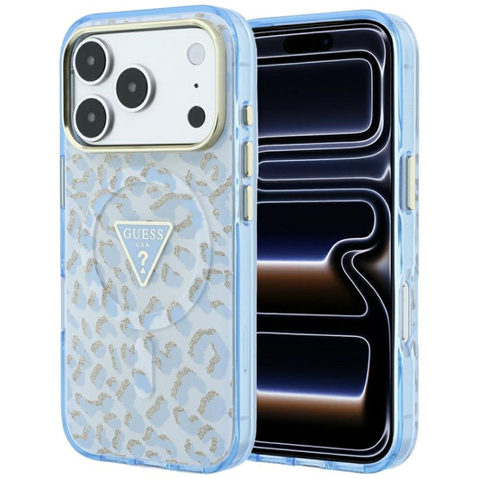 MagSafe-Hülle für Apple iPhone 18 Pro / 17 Pro, Guess, Leopard Glitter Dreieck Logo, Blau