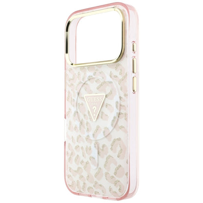 MagSafe Case for Apple iPhone 18 Pro / 17 Pro, Guess, Leopard Glitter Triangle Logo, Pink
