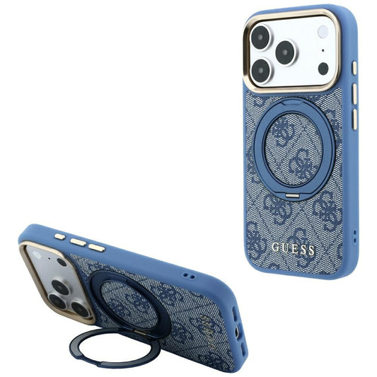 MagSafe-Hülle für Apple iPhone 18 Pro / 17 Pro, Guess, Ring Stand 360 4G Classic Logo, Blau