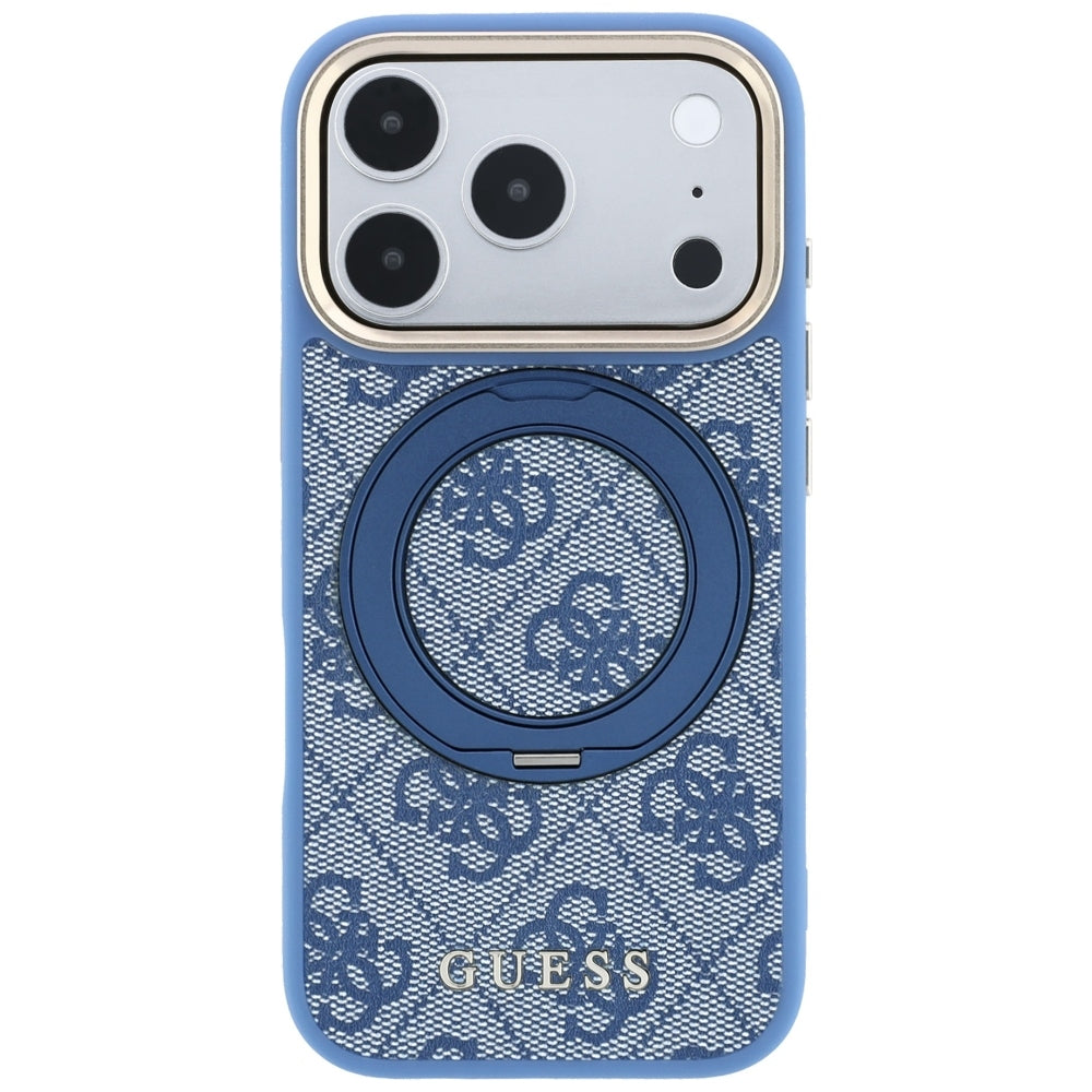 MagSafe-Hülle für Apple iPhone 18 Pro / 17 Pro, Guess, Ring Stand 360 4G Classic Logo, Blau
