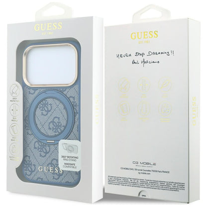 MagSafe-Hülle für Apple iPhone 18 Pro / 17 Pro, Guess, Ring Stand 360 4G Classic Logo, Blau