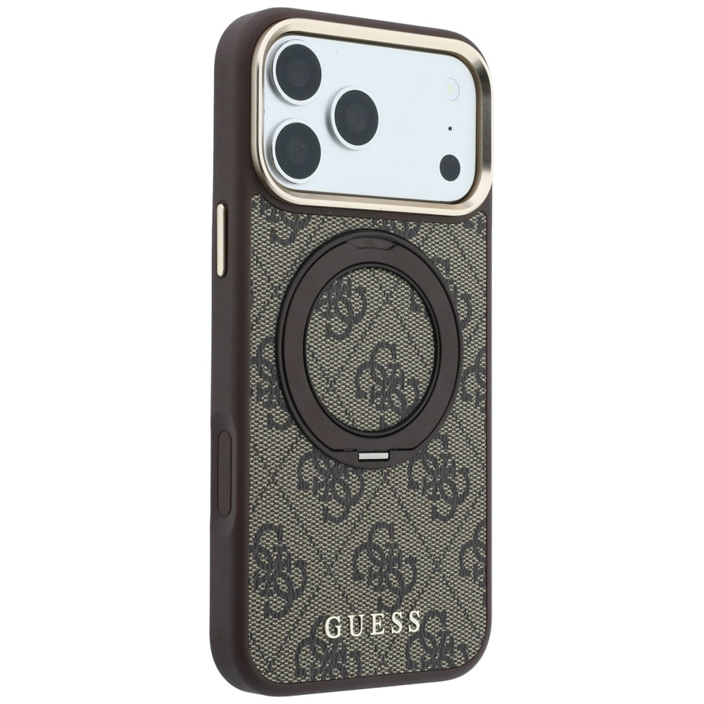 MagSafe-Hülle für Apple iPhone 18 Pro / 17 Pro, Guess, Ring Stand 360 4G Classic Logo, Braun