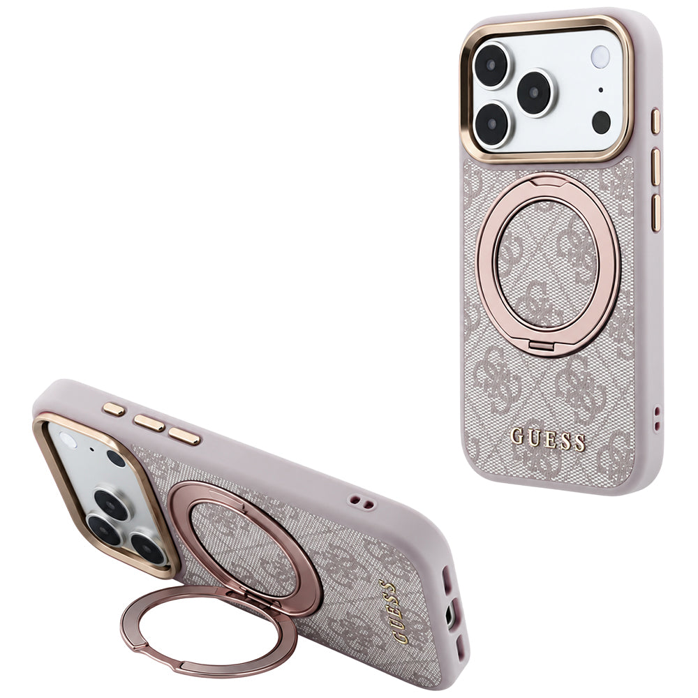 MagSafe-Hülle für Apple iPhone 18 Pro / 17 Pro, Guess, Ring Stand 360 4G Classic Logo, Rosa