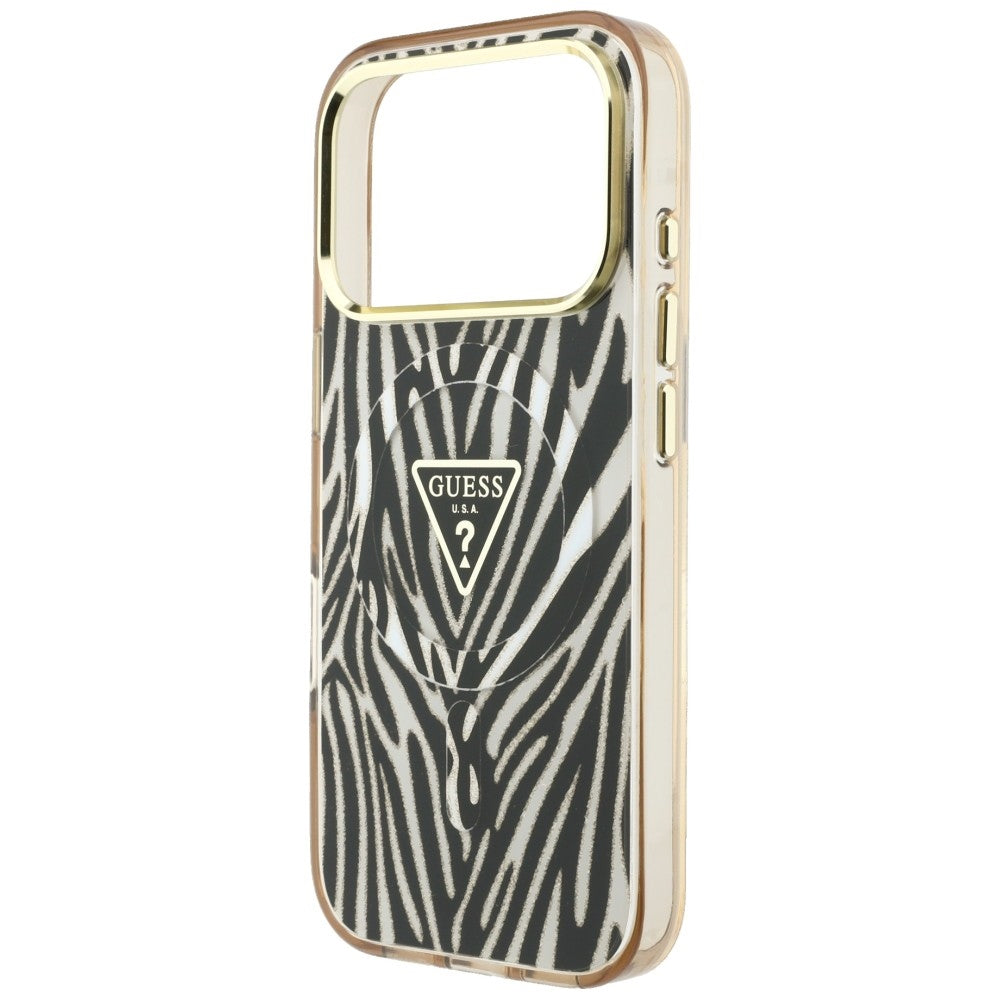 MagSafe-Hülle für Apple iPhone 18 Pro / 17 Pro, Guess, Zebra Glitter Dreieck Logo, Gold