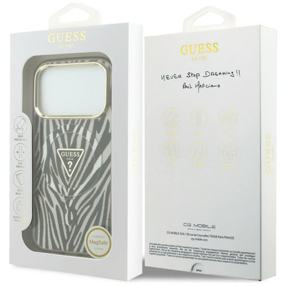 MagSafe-Hülle für Apple iPhone 18 Pro / 17 Pro, Guess, Zebra Glitter Dreieck Logo, Gold