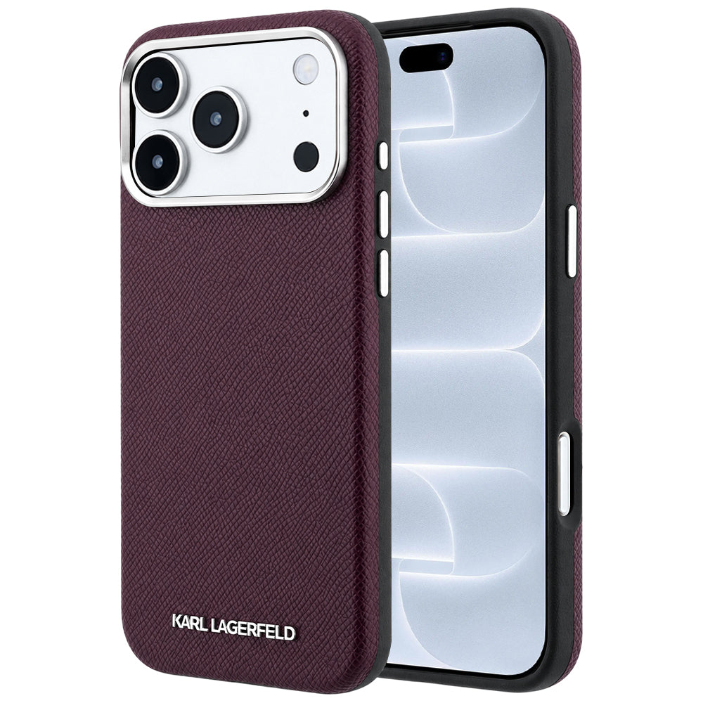 MagSafe-Hülle für Apple iPhone 18 Pro / 17 Pro, Karl Lagerfeld, geprägtes längliches Logo, Weinrot