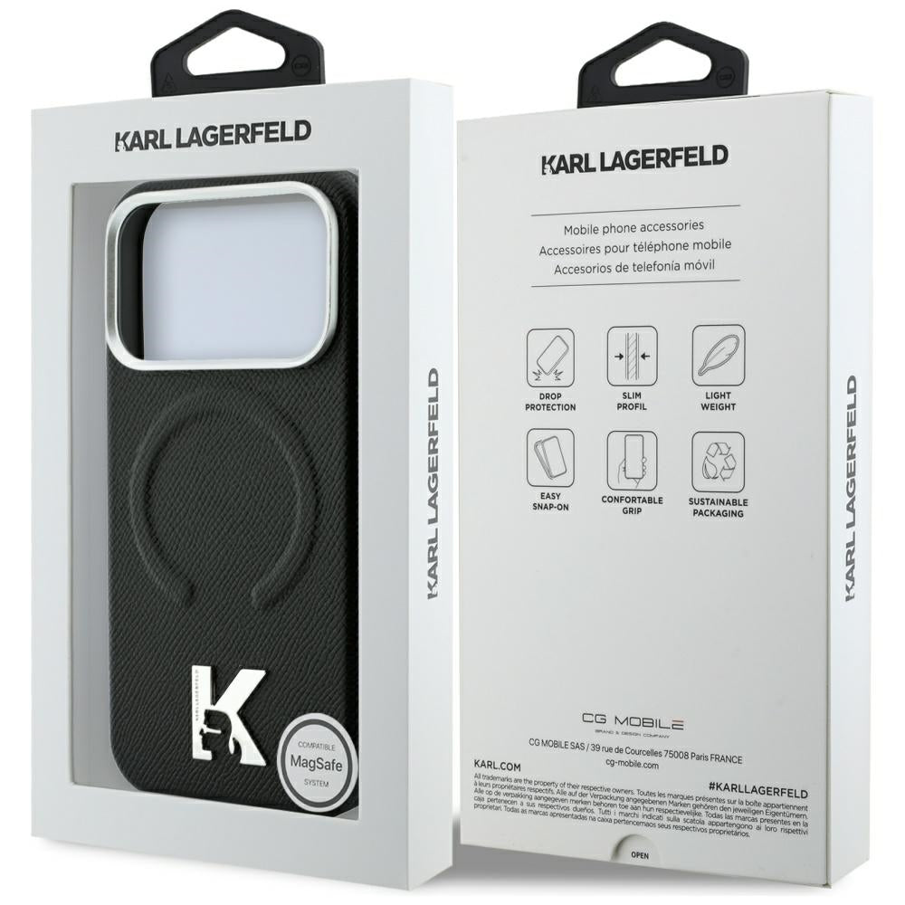 MagSafe-Hülle für Apple iPhone 18 Pro / 17 Pro, Karl Lagerfeld, geprägter Ring mit Körnung, Schwarz