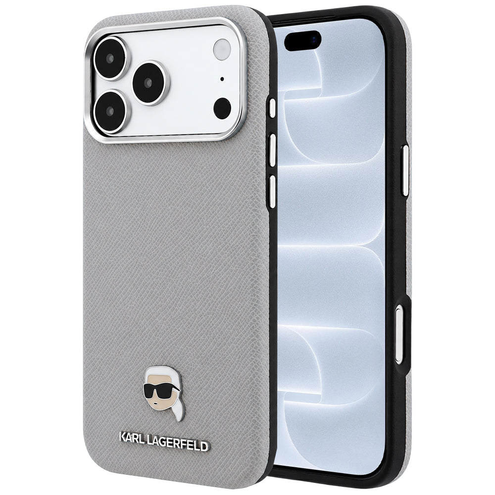 MagSafe-Hülle für Apple iPhone 18 Pro / 17 Pro, Karl Lagerfeld, Genarbtes Karl Head's Metal, Grau