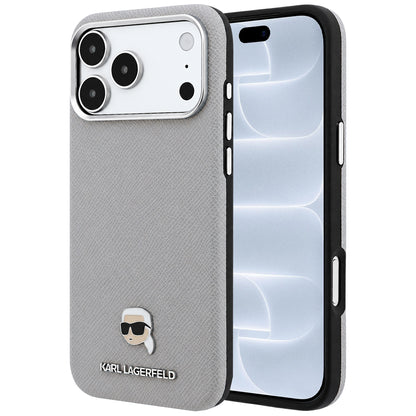 MagSafe-Hülle für Apple iPhone 18 Pro / 17 Pro, Karl Lagerfeld, Genarbtes Karl Head's Metal, Grau