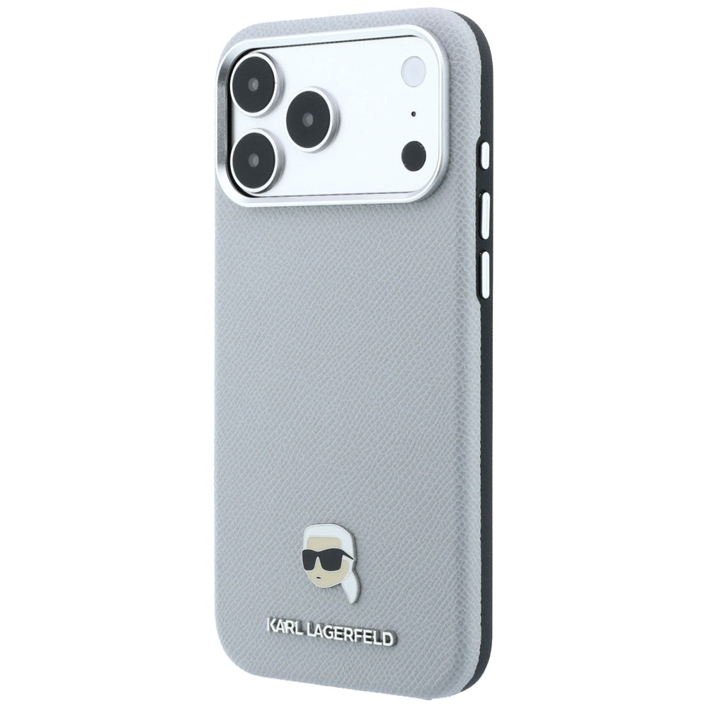 MagSafe-Hülle für Apple iPhone 18 Pro / 17 Pro, Karl Lagerfeld, Genarbtes Karl Head's Metal, Grau