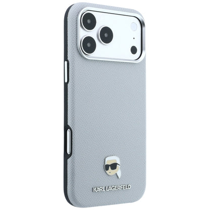 MagSafe-Hülle für Apple iPhone 18 Pro / 17 Pro, Karl Lagerfeld, Genarbtes Karl Head's Metal, Grau