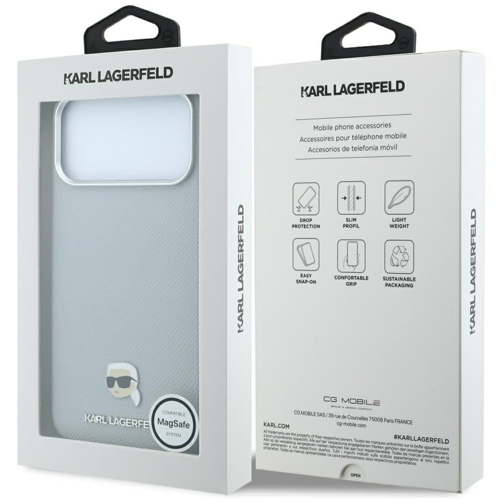 MagSafe-Hülle für Apple iPhone 18 Pro / 17 Pro, Karl Lagerfeld, Genarbtes Karl Head's Metal, Grau