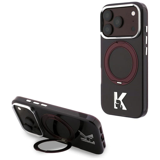 MagSafe-Hülle für Apple iPhone 18 Pro / 17 Pro, Karl Lagerfeld, IML Ring Stand Kameo Metall, Weinrot