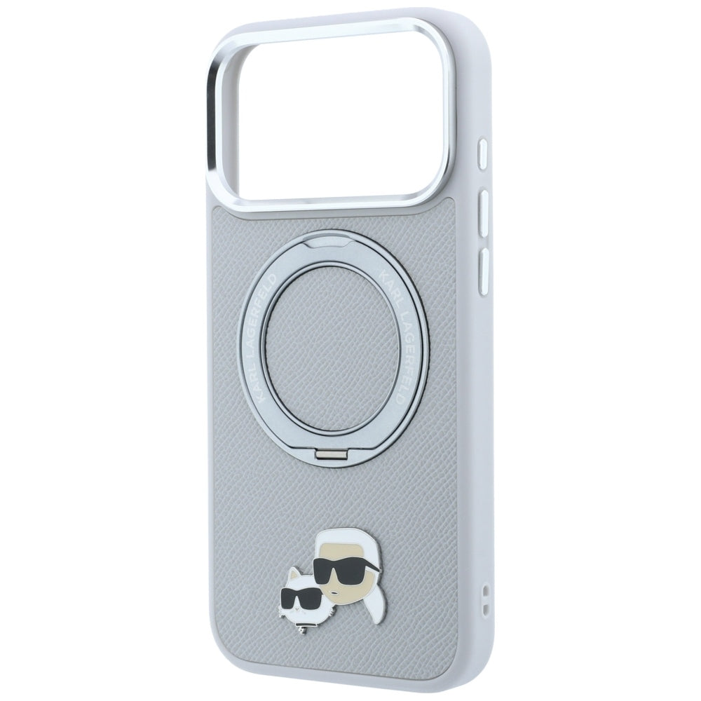MagSafe-Hülle für Apple iPhone 18 Pro / 17 Pro, Karl Lagerfeld, Ring Stand 360 Karl & Choupette Pin, Grau