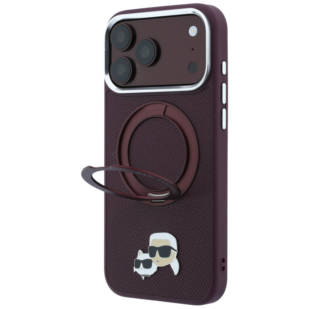 MagSafe Case for Apple iPhone 18 Pro / 17 Pro, Karl Lagerfeld, Ring Stand 360 Karl & Choupette Pin, Burgundy