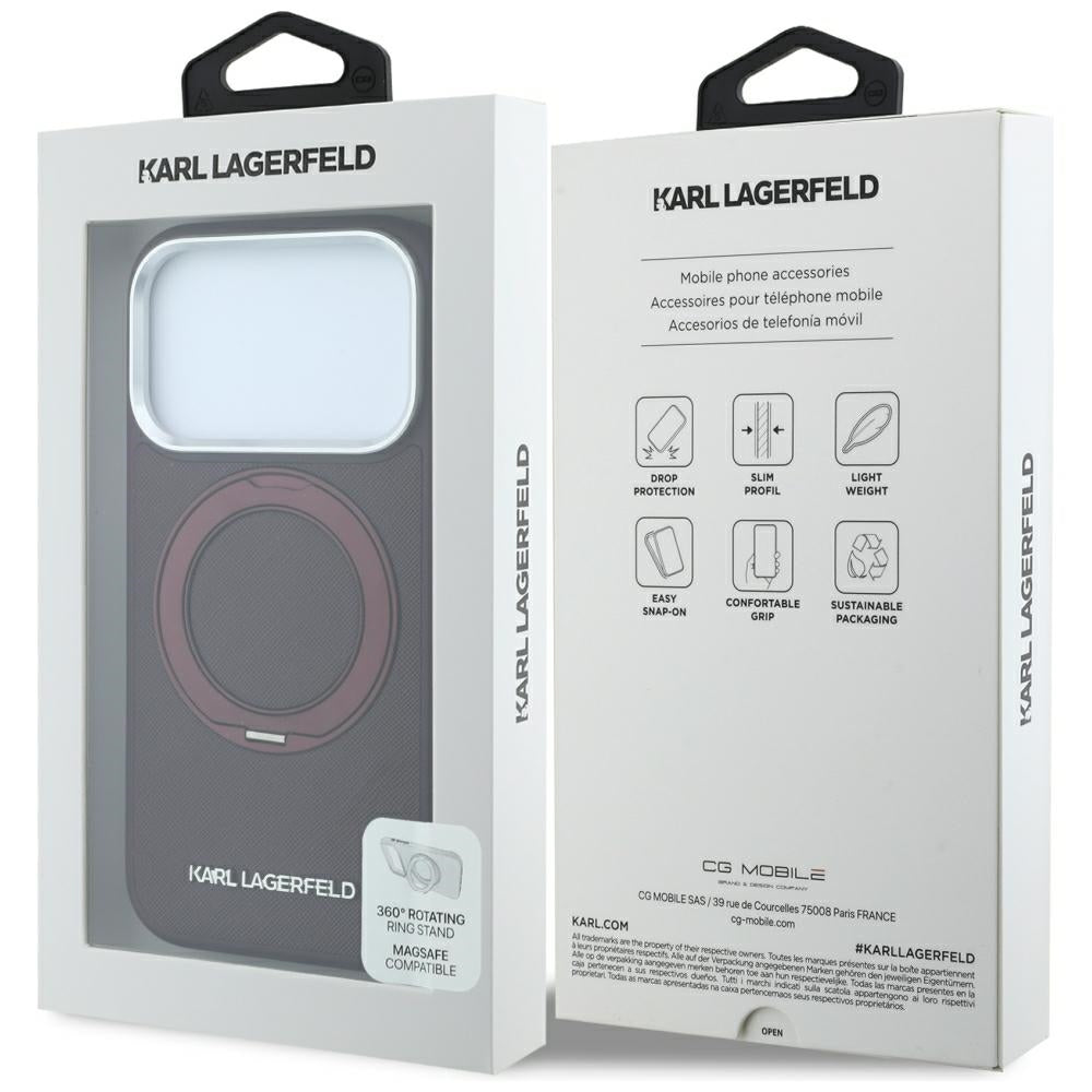 MagSafe-Hülle für Apple iPhone 18 Pro / 17 Pro, Karl Lagerfeld, Ring Stand 360 Saffiano, Weinrot
