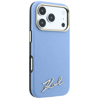 MagSafe Case for Apple iPhone 18 Pro / 17 Pro, Karl Lagerfeld, Saffiano Small Script Metal Logo, Blue