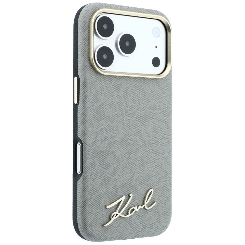 MagSafe-Hülle für Apple iPhone 18 Pro / 17 Pro, Karl Lagerfeld, Saffiano Small Script Metall-Logo, Grau Beige