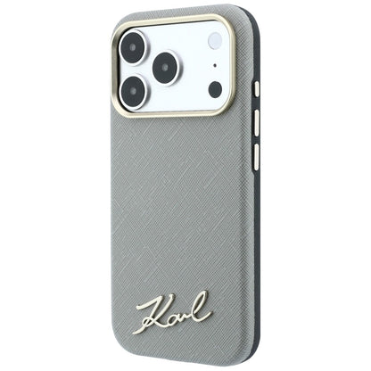 MagSafe-Hülle für Apple iPhone 18 Pro / 17 Pro, Karl Lagerfeld, Saffiano Small Script Metall-Logo, Grau Beige