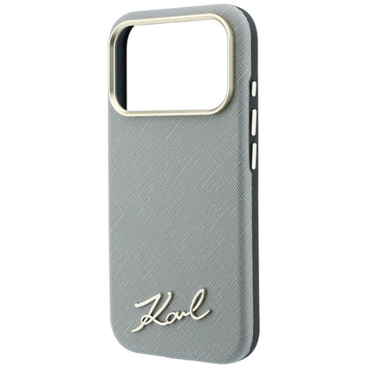 MagSafe-Hülle für Apple iPhone 18 Pro / 17 Pro, Karl Lagerfeld, Saffiano Small Script Metall-Logo, Grau Beige