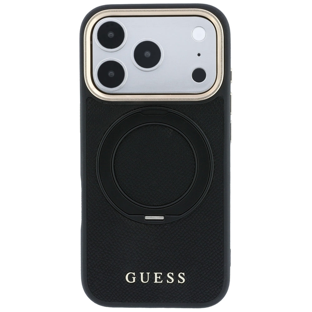 MagSafe-Hülle für Apple iPhone 18 Pro Max / 17 Pro Max, Guess, Grained Ring Stand 360 Classic, Schwarz