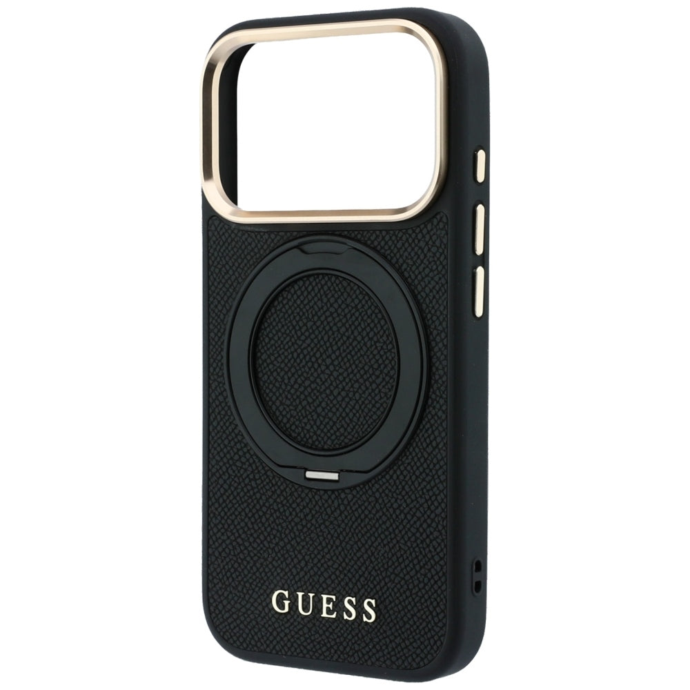 MagSafe-Hülle für Apple iPhone 18 Pro Max / 17 Pro Max, Guess, Grained Ring Stand 360 Classic, Schwarz