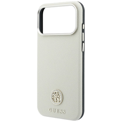 MagSafe-Hülle für Apple iPhone 18 Pro Max / 17 Pro Max, Guess, genarbtes rundes Strass-Logo, Beige