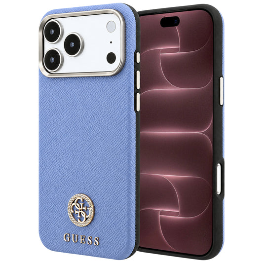 MagSafe-Hülle für Apple iPhone 18 Pro Max / 17 Pro Max, Guess, genarbtes rundes Strass-Logo, Blau