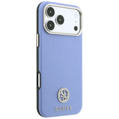 MagSafe-Hülle für Apple iPhone 18 Pro Max / 17 Pro Max, Guess, genarbtes rundes Strass-Logo, Blau