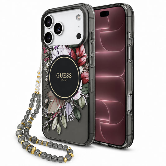 MagSafe-Hülle für Apple iPhone 18 Pro Max / 17 Pro Max, Guess, IML Flowers with Pearl Strap, Schwarz