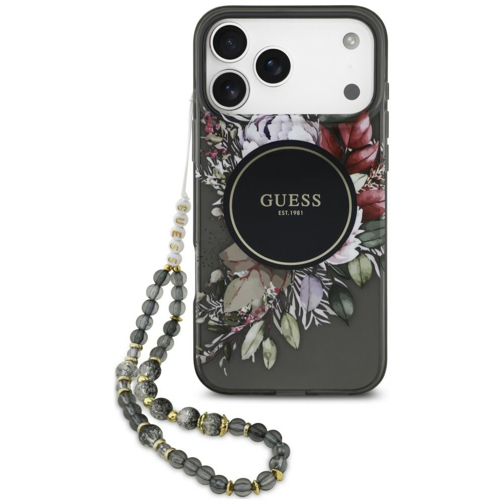 MagSafe-Hülle für Apple iPhone 18 Pro Max / 17 Pro Max, Guess, IML Flowers with Pearl Strap, Schwarz