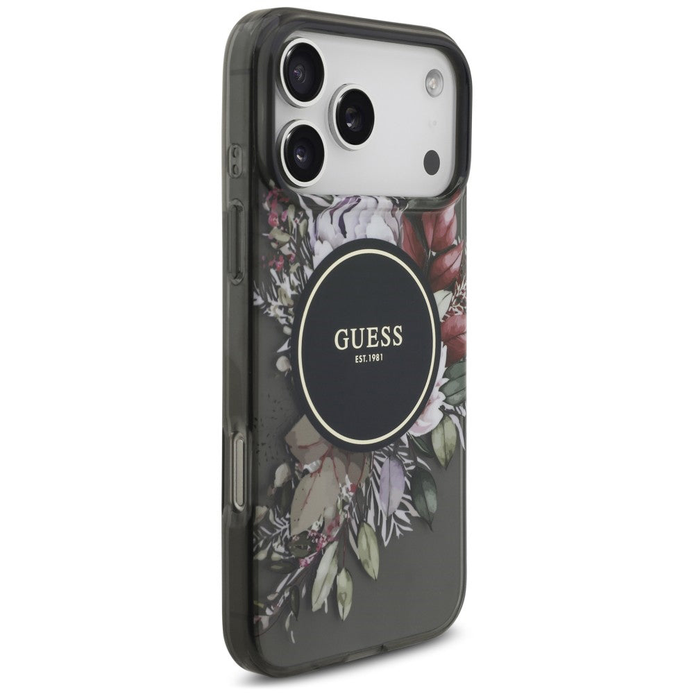 MagSafe-Hülle für Apple iPhone 18 Pro Max / 17 Pro Max, Guess, IML Flowers with Pearl Strap, Schwarz
