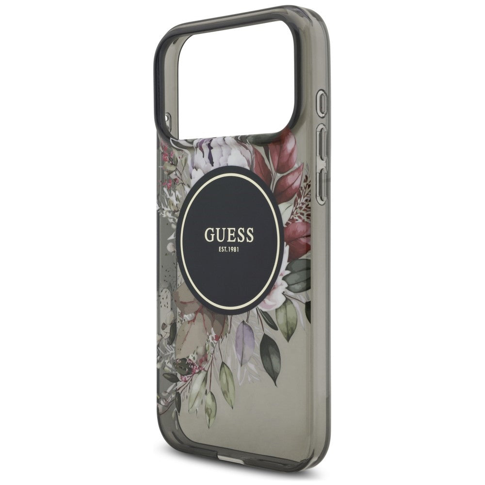 MagSafe-Hülle für Apple iPhone 18 Pro Max / 17 Pro Max, Guess, IML Flowers with Pearl Strap, Schwarz