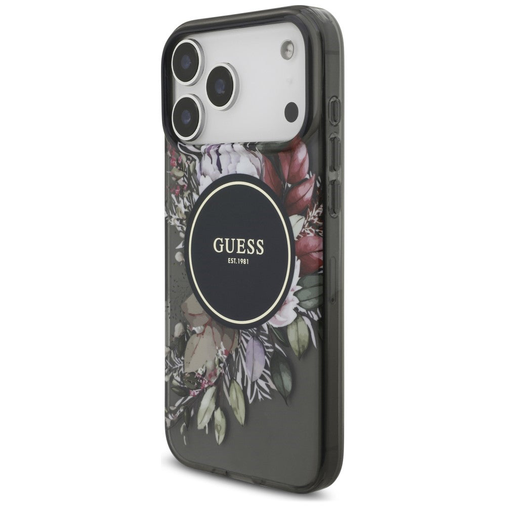 MagSafe-Hülle für Apple iPhone 18 Pro Max / 17 Pro Max, Guess, IML Flowers with Pearl Strap, Schwarz