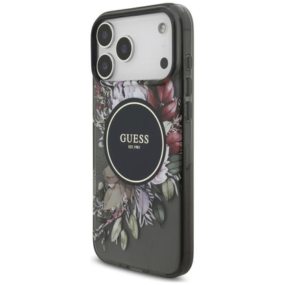 MagSafe-Hülle für Apple iPhone 18 Pro Max / 17 Pro Max, Guess, IML Flowers with Pearl Strap, Schwarz