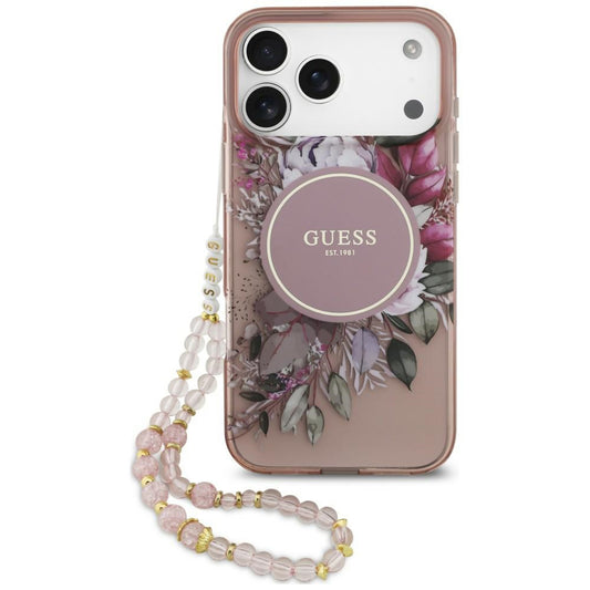 MagSafe-Hülle für Apple iPhone 18 Pro Max / 17 Pro Max, Guess, IML Flowers with Pearl Strap, Rosa