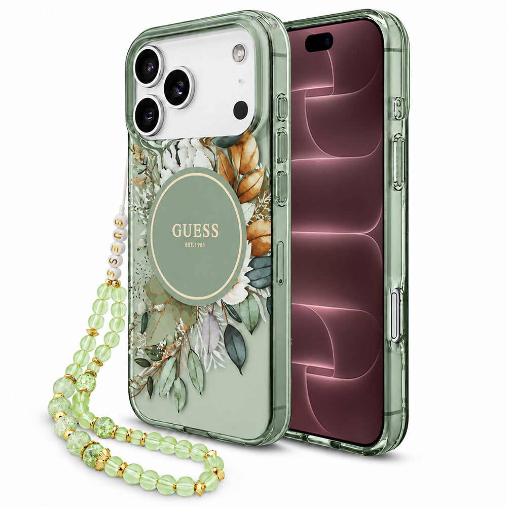 MagSafe-Hülle für Apple iPhone 18 Pro Max / 17 Pro Max, Guess, IML Flowers with Pearl Strap, Grün