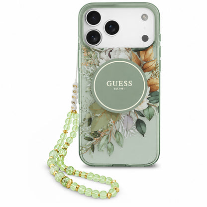 MagSafe-Hülle für Apple iPhone 18 Pro Max / 17 Pro Max, Guess, IML Flowers with Pearl Strap, Grün