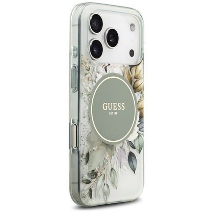 MagSafe-Hülle für Apple iPhone 18 Pro Max / 17 Pro Max, Guess, IML Flowers with Pearl Strap, Grün
