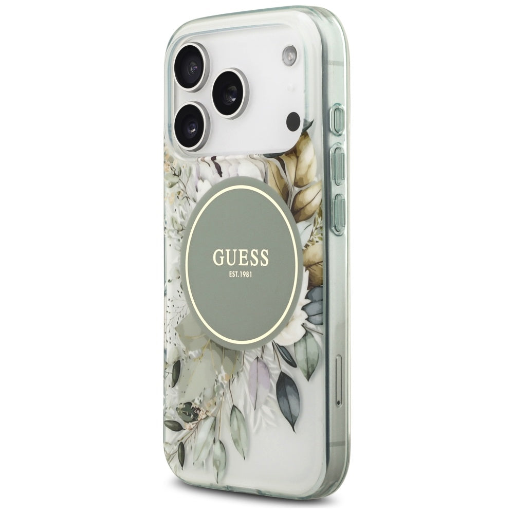 MagSafe-Hülle für Apple iPhone 18 Pro Max / 17 Pro Max, Guess, IML Flowers with Pearl Strap, Grün