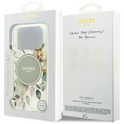 MagSafe-Hülle für Apple iPhone 18 Pro Max / 17 Pro Max, Guess, IML Flowers with Pearl Strap, Grün