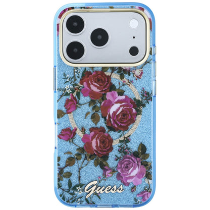 MagSafe-Hülle für Apple iPhone 18 Pro Max / 17 Pro Max, Guess, IML Glitter Blossom Roses, Blau
