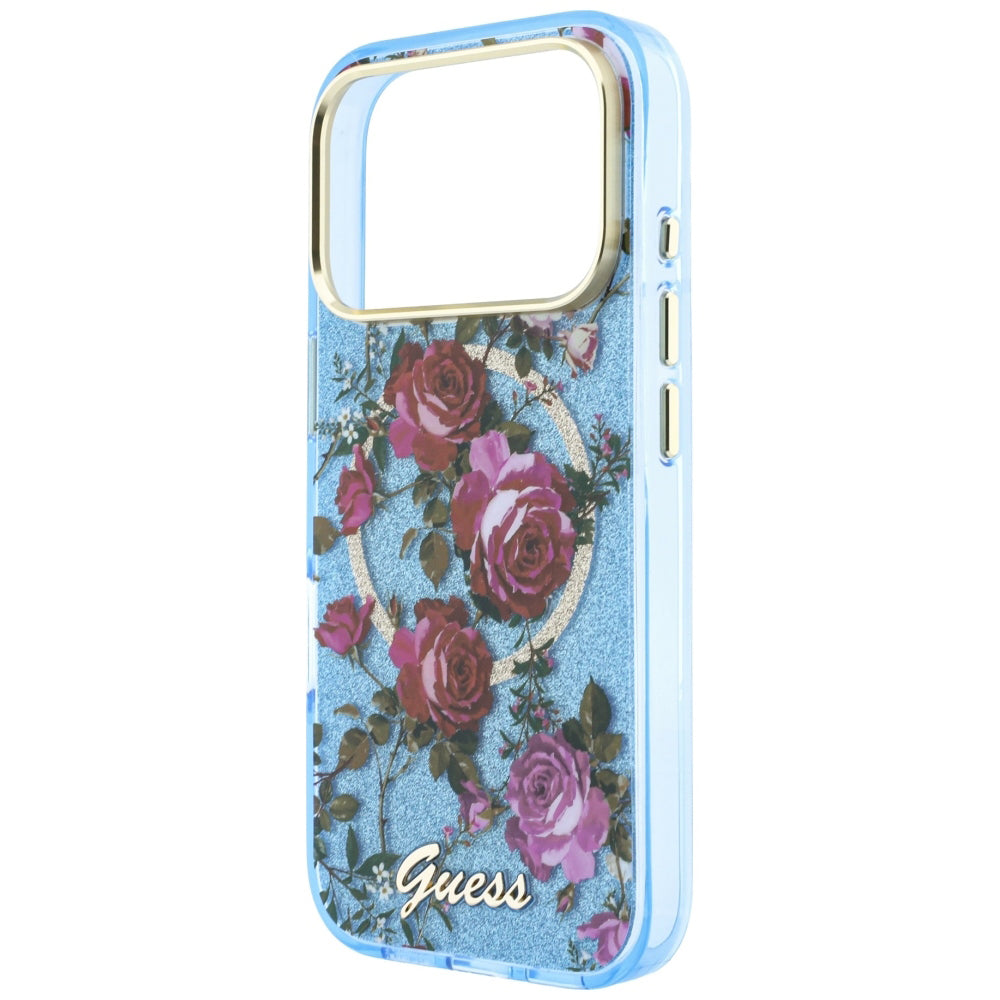 MagSafe-Hülle für Apple iPhone 18 Pro Max / 17 Pro Max, Guess, IML Glitter Blossom Roses, Blau