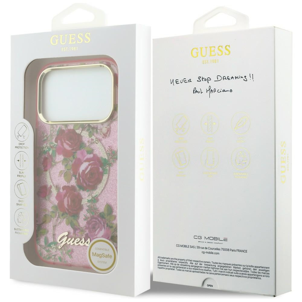MagSafe-Hülle für Apple iPhone 18 Pro Max / 17 Pro Max, Guess, IML Glitter Blossom Roses, Rosa
