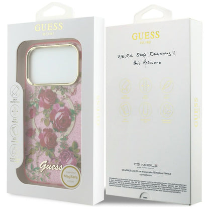 MagSafe-Hülle für Apple iPhone 18 Pro Max / 17 Pro Max, Guess, IML Glitter Blossom Roses, Rosa