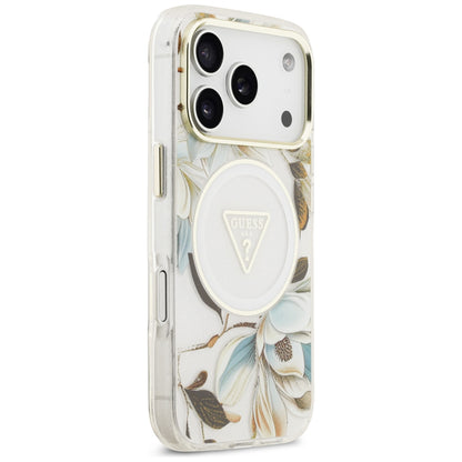 MagSafe-Hülle für Apple iPhone 18 Pro Max / 17 Pro Max, Guess, IML Metal Glitter Flowers Triangle, Weiß