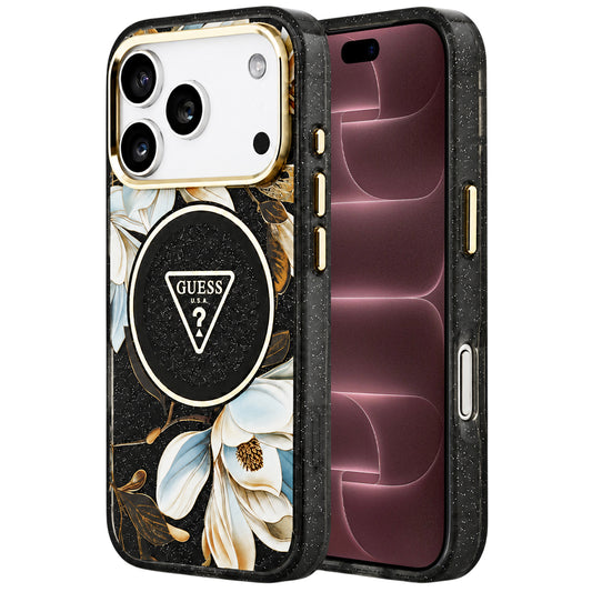 MagSafe-Hülle für Apple iPhone 18 Pro Max / 17 Pro Max, Guess, IML Metal Glitter Flowers Triangle, Schwarz